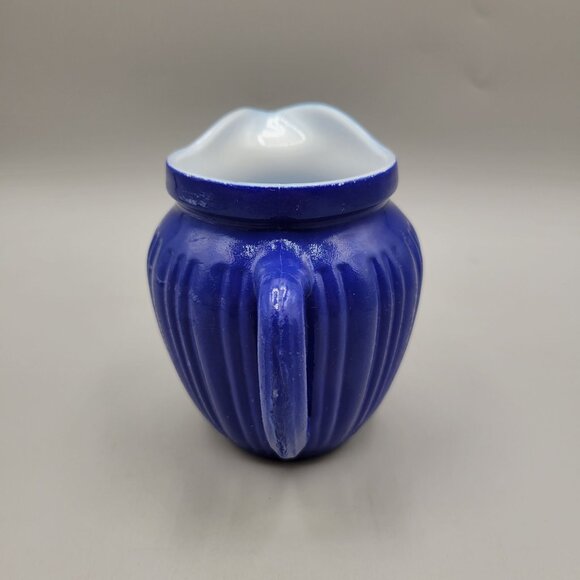 1940s Hazel Atlas Blue Platonite Glass Ribbed Creamer Pitcher Cased Glass - Picture 2 of 6